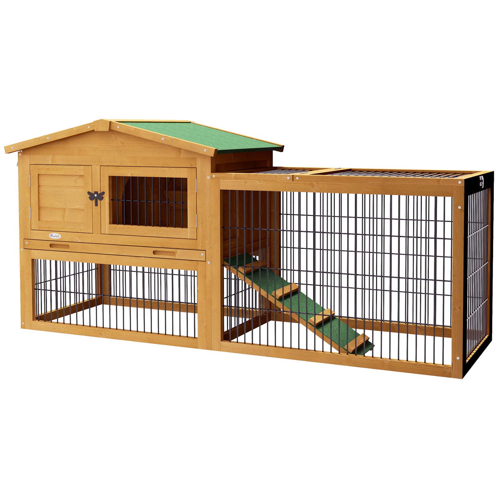 Wooden Rabbit Hutch With Run, Asphalt Roof, Pull-out Tray, Ramp | Yellow