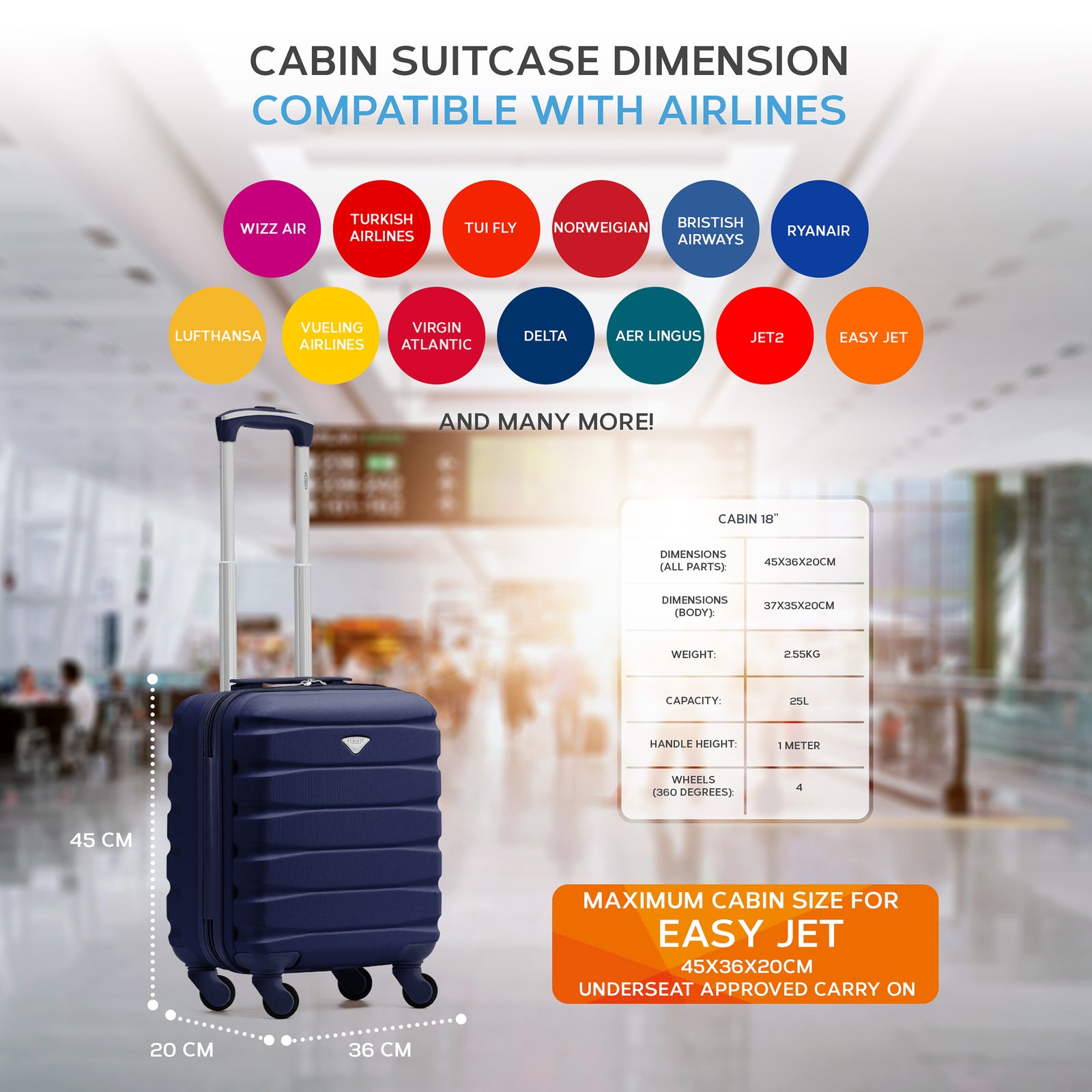 45x36x20cm Lightweight Underseat Cabin Carry On Suitcase - 100+ Airline Approved - Hard Shell Luggage - 4 Wheels | 45 x 36 x 20cm | Navy Blue