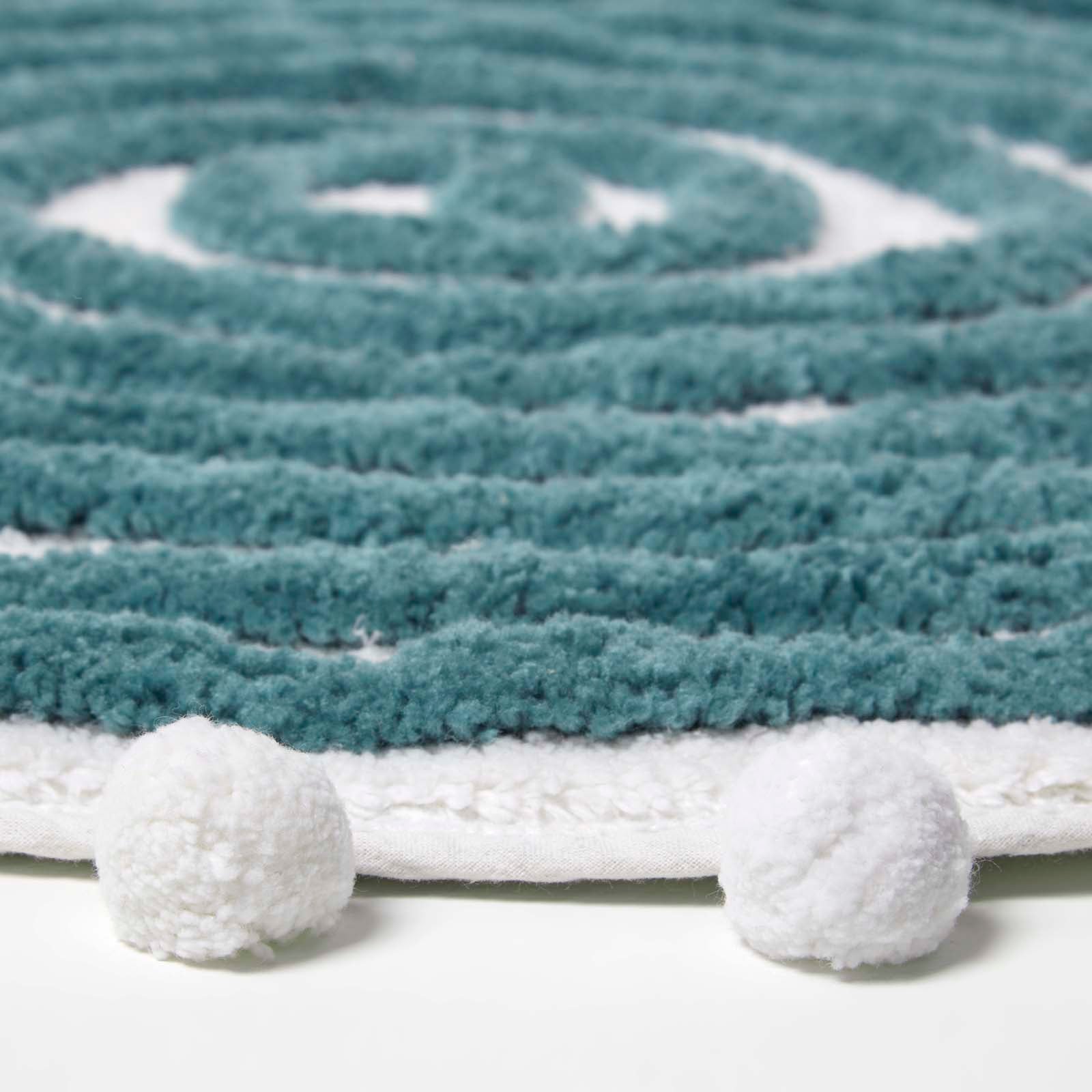Spiral Cotton Round Bath Mat With Pom Pom Edges | 60cm | Teal