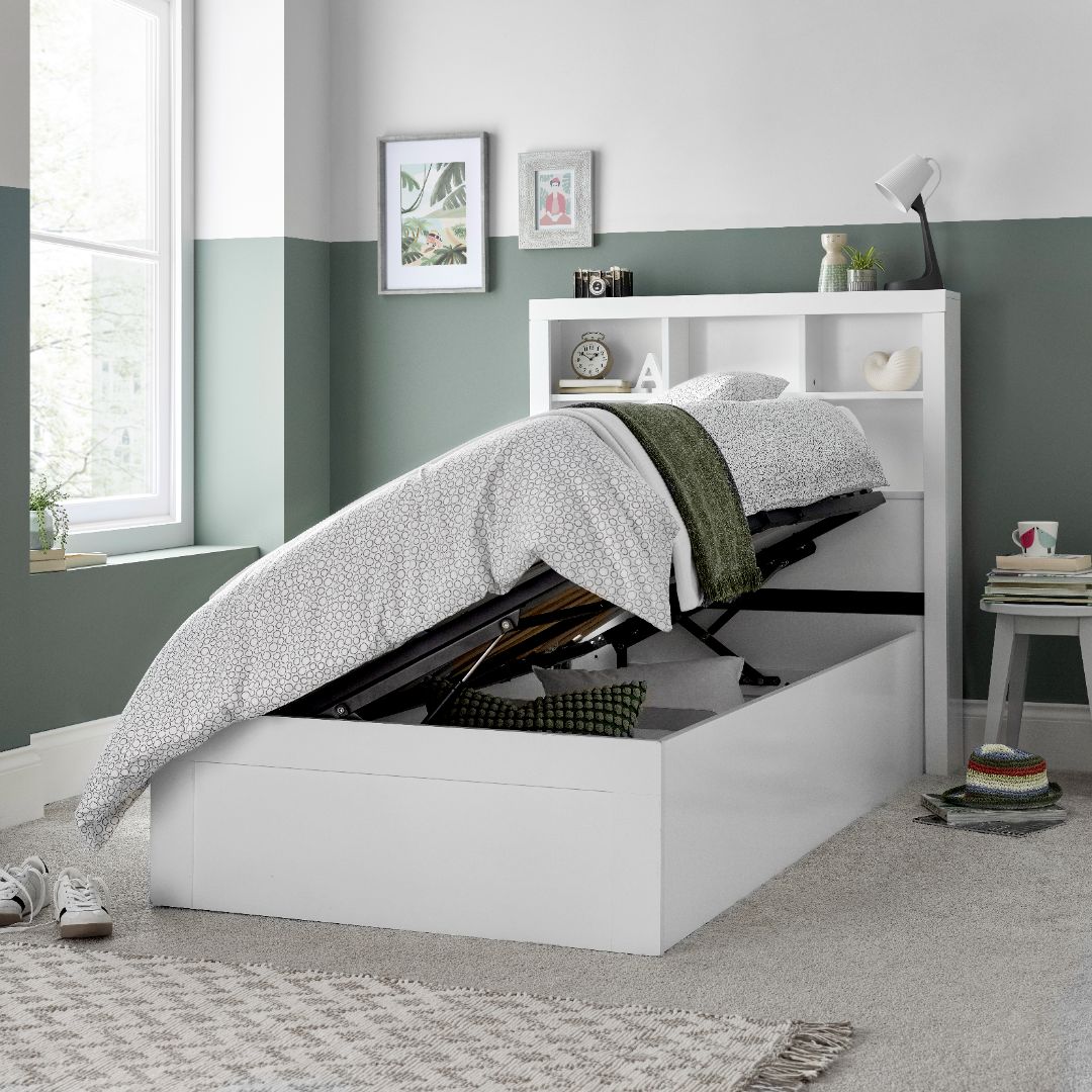 Oscar Wooden Bookcase Ottoman Storage Bed | Single | White