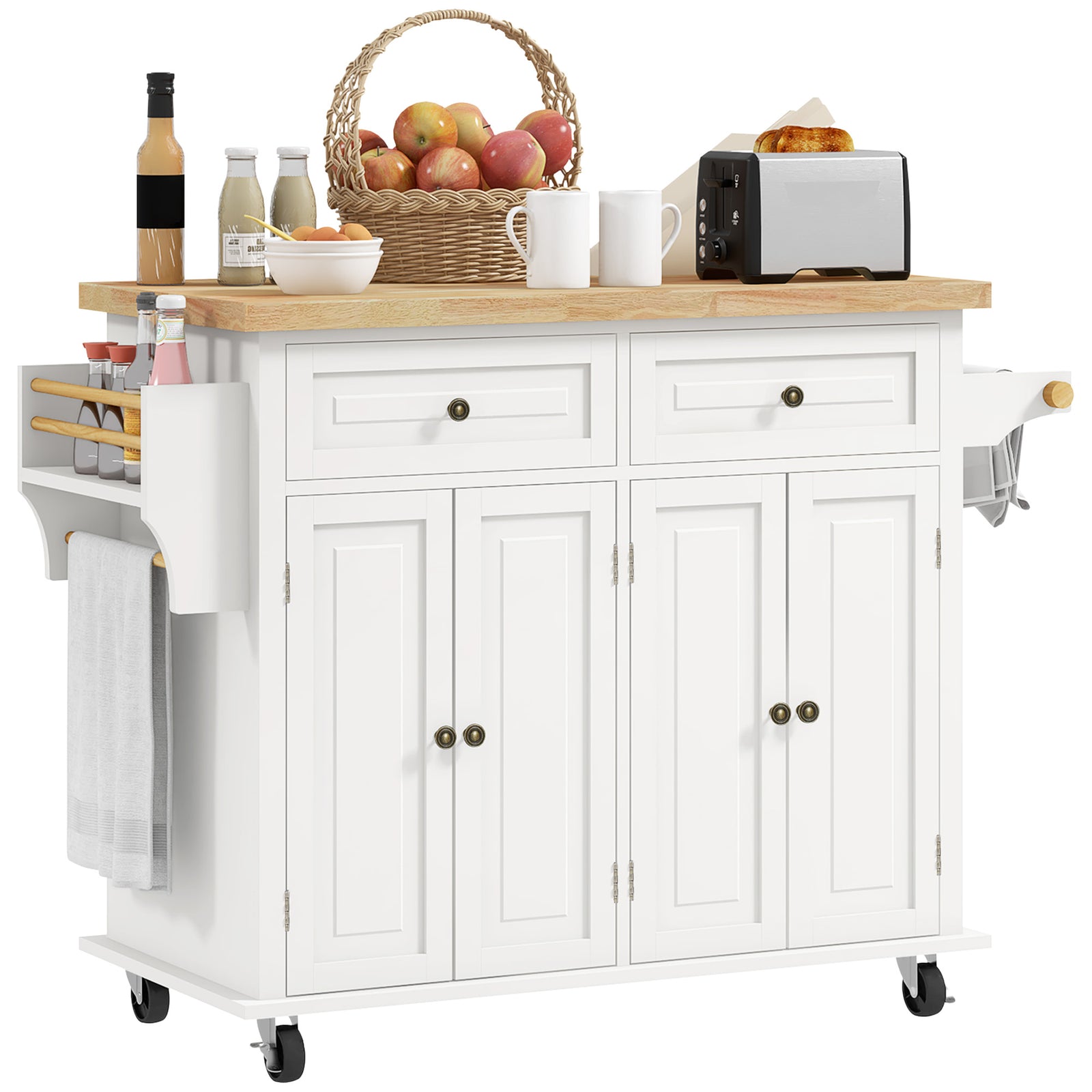Rolling Kitchen Island Cart With Rubber Wood Top, Spices Cream White