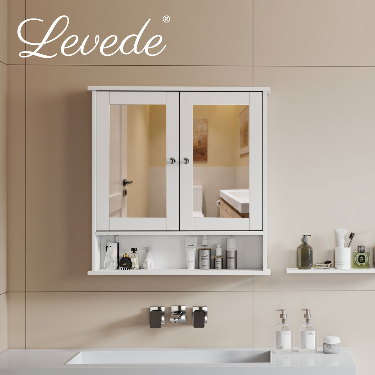 Bathroom Mirror Cabinet Storage Toilet Cupboard Wall Mounted Shelves | White
