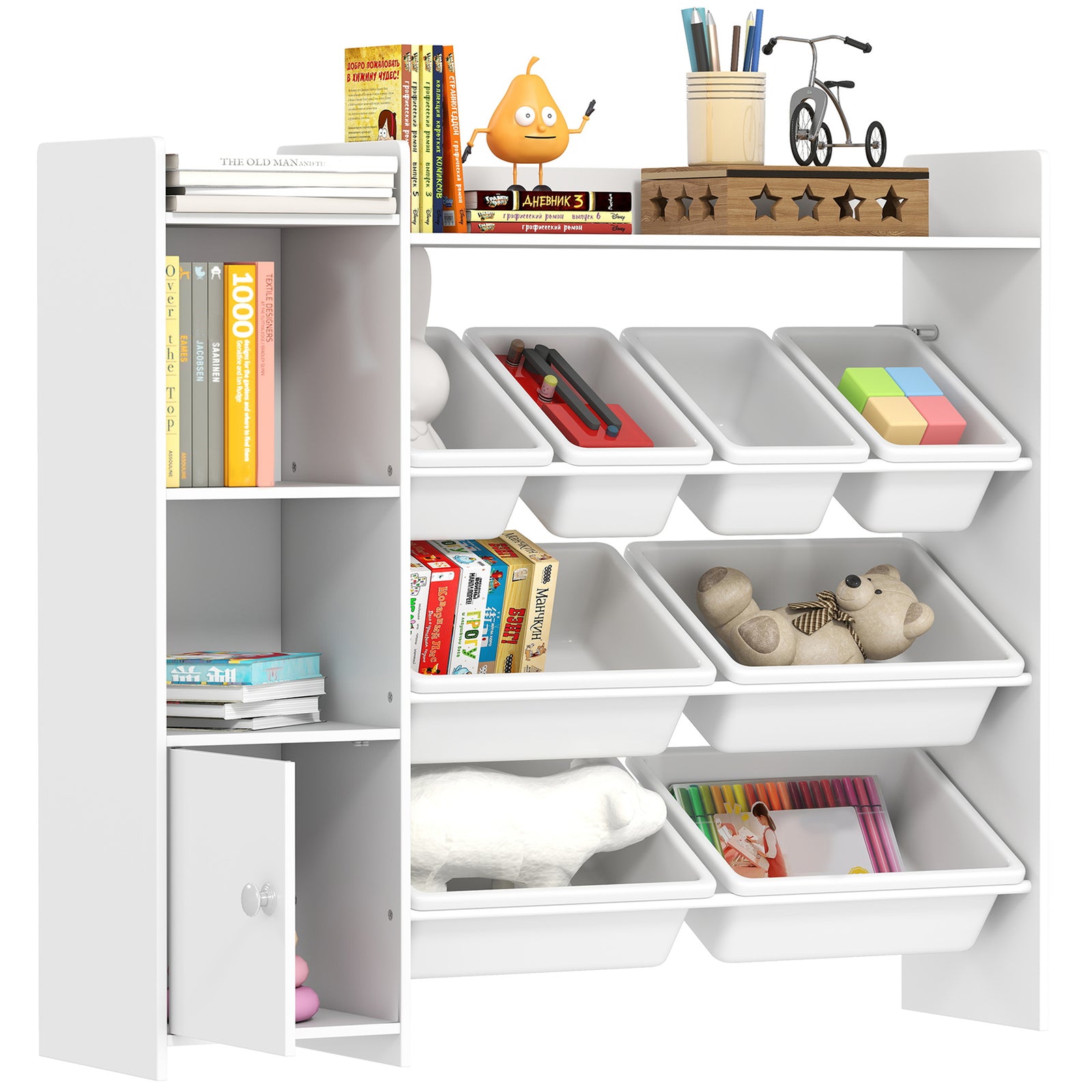 Toy Storage Unit With 8 Removable Bins, Storage Shelves, Cabinet | White