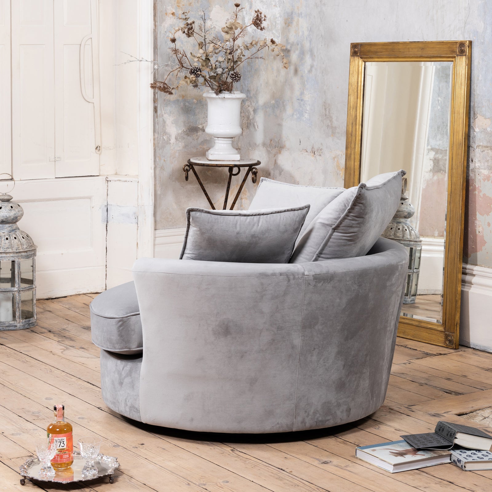 Havana Velvet Swivel Base Cuddle Chair | Grey