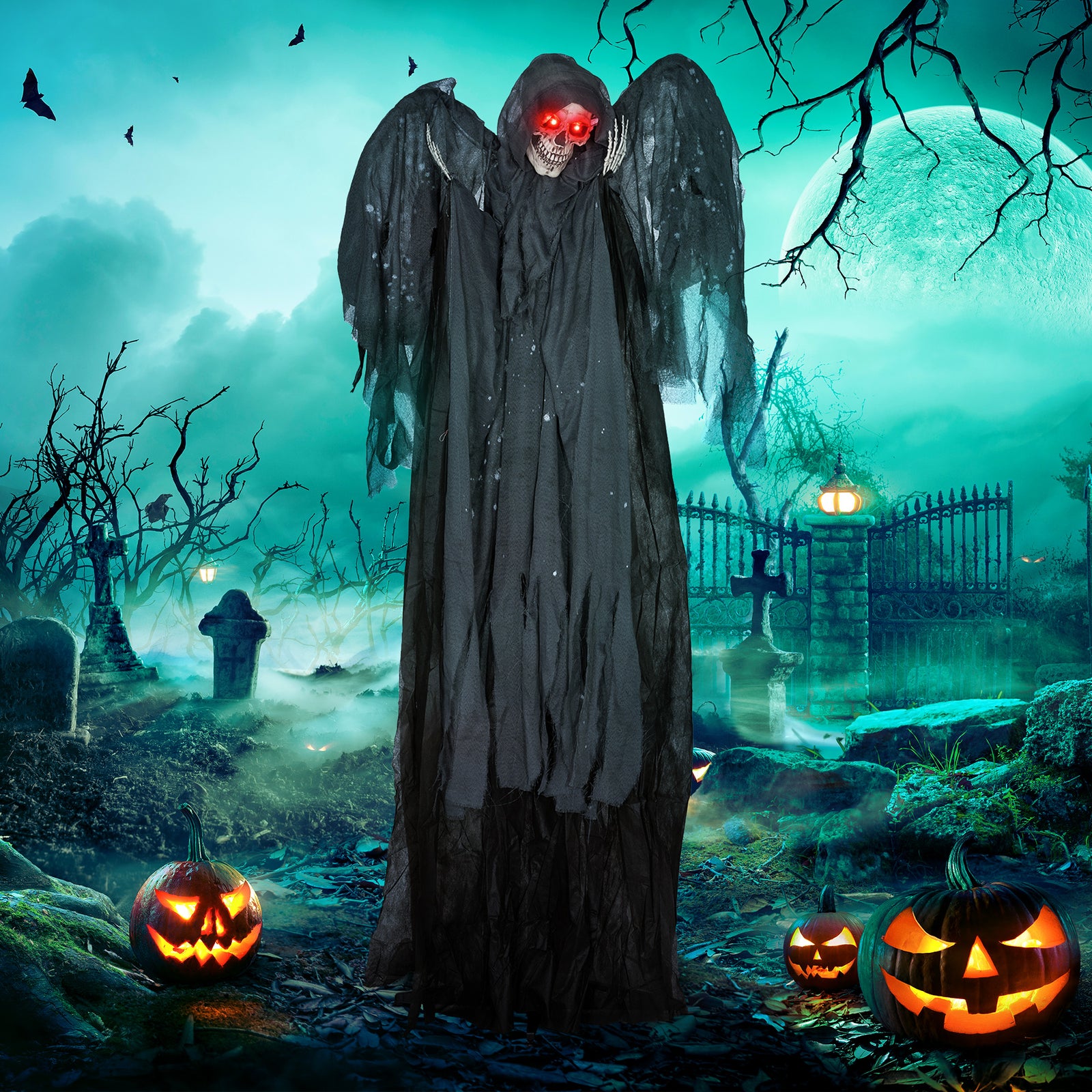 Winged Grim Reaper Animatronic Prop W/ Light Up Eyes, For Haunted House