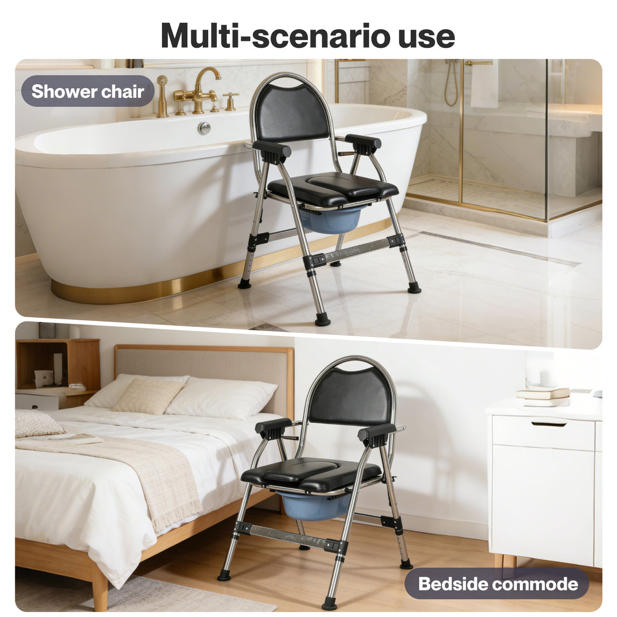Folding Commode Chair Adjustable Height Bedside Toilet Shower Seat 150kg | Black