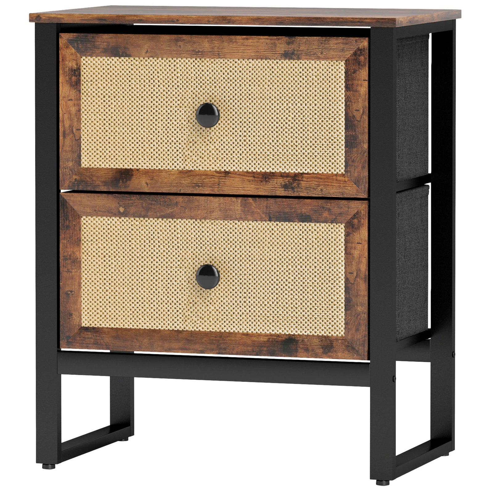 Bedside Table With 2 Rattan Drawers, Rustic Brown