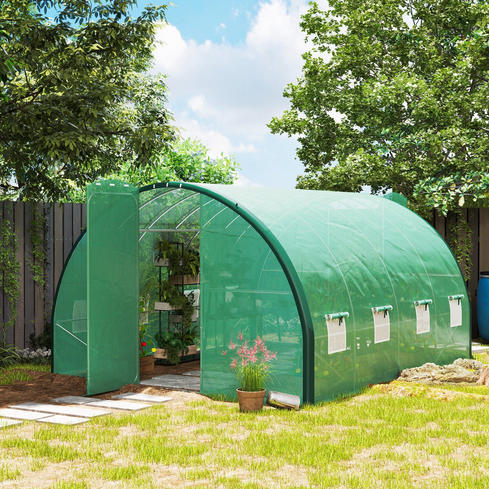 Tunnel Greenhouse, Upgraded Structure, Hinged Doors | Large | Green