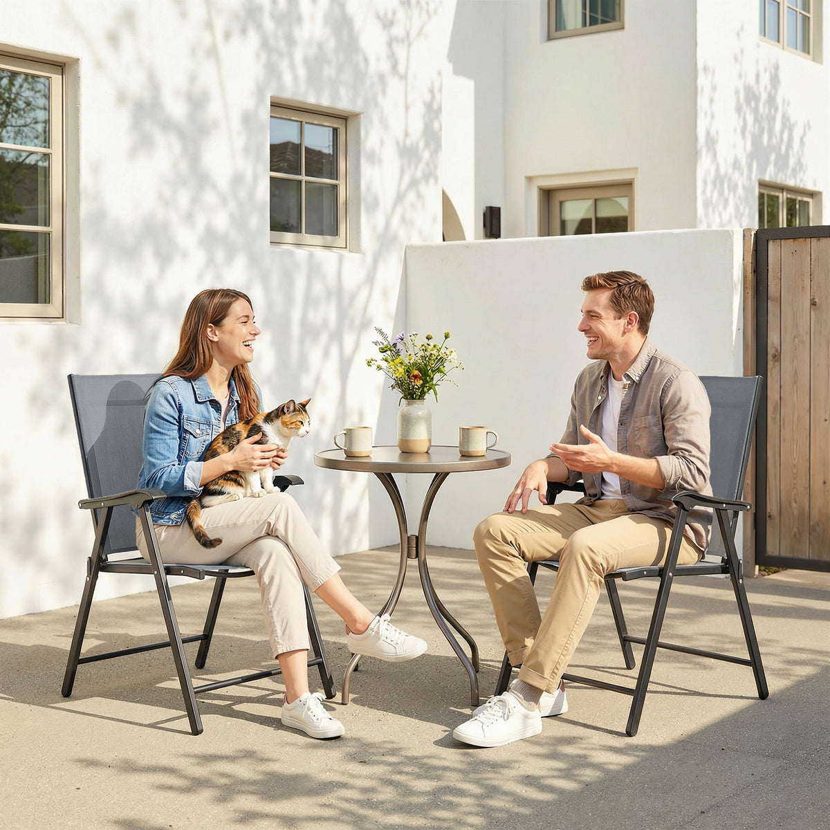 Folding Garden Chairs Set With High Back, Armrests | Set of 2 | Light Grey