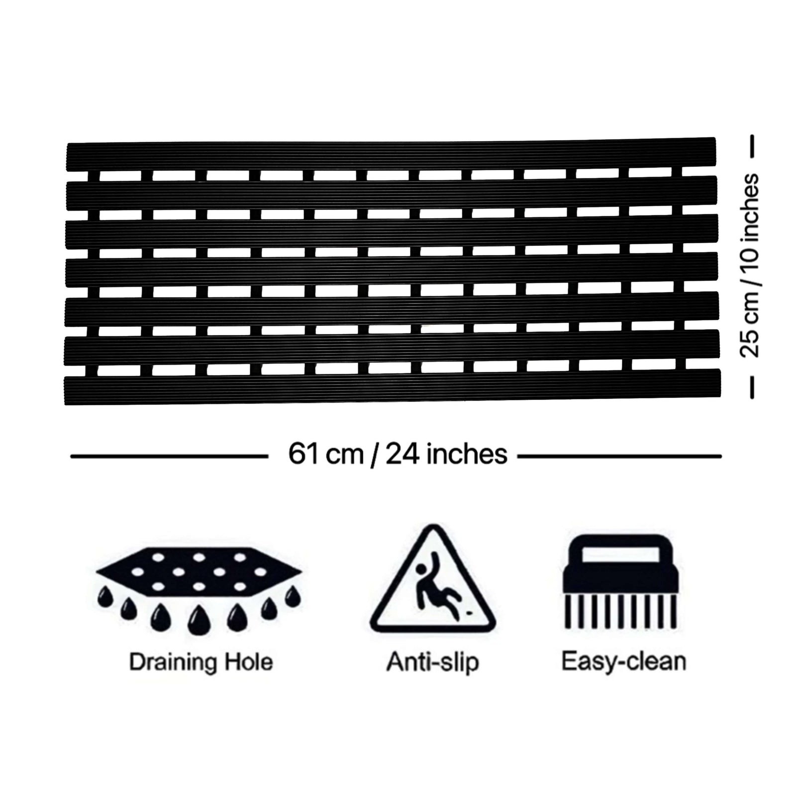 Non-slip Pvc Duckboard Shower Mat - 61cm X 25cm | Black
