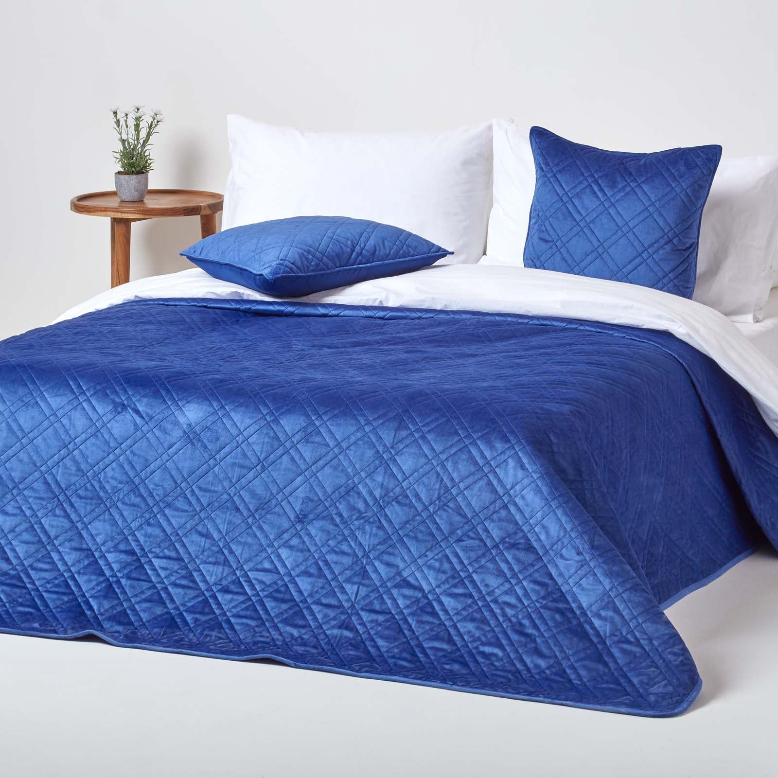 Paragon Diamond Pattern Geometric Velvet Bedspread | 200cm x 200cm | Navy Blue