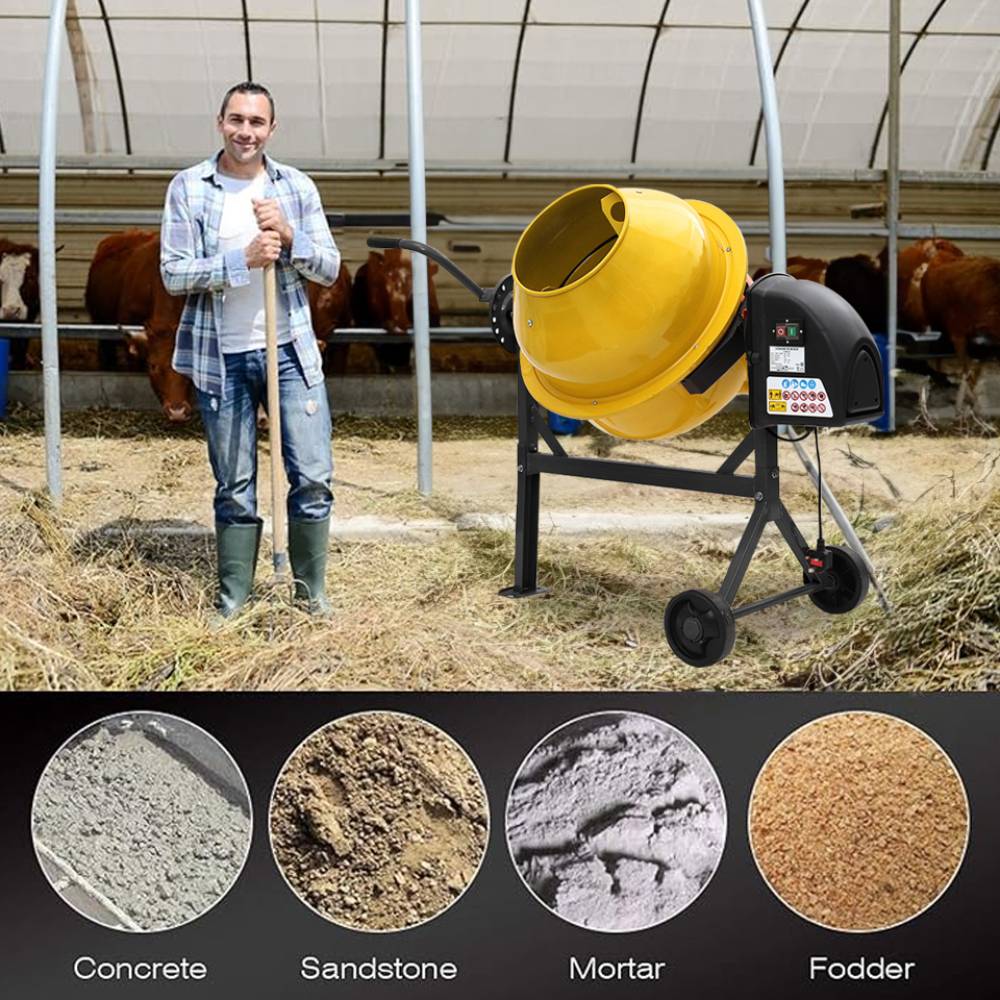 63l 220w Electric Cement Mixer With 2 Wheels,steel Concrete Mixer Machine | Yellow