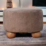 Solid Mango Wood Mocha Faux Fur Round Ball Footstool