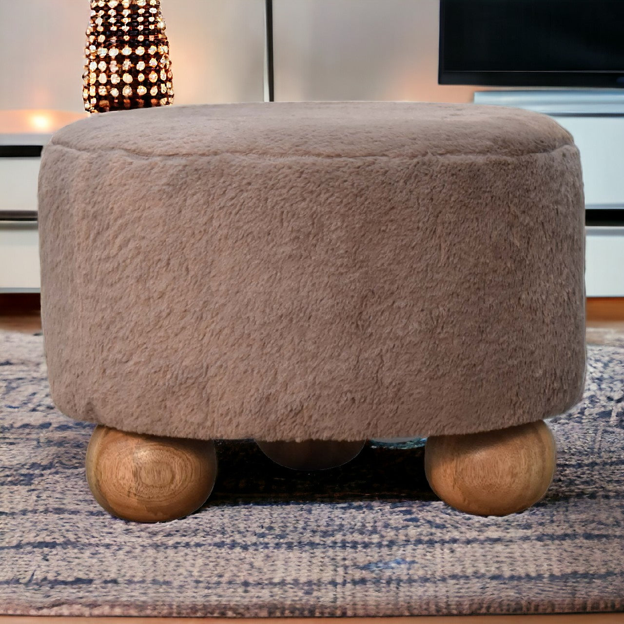 Solid Mango Wood Mocha Faux Fur Round Ball Footstool