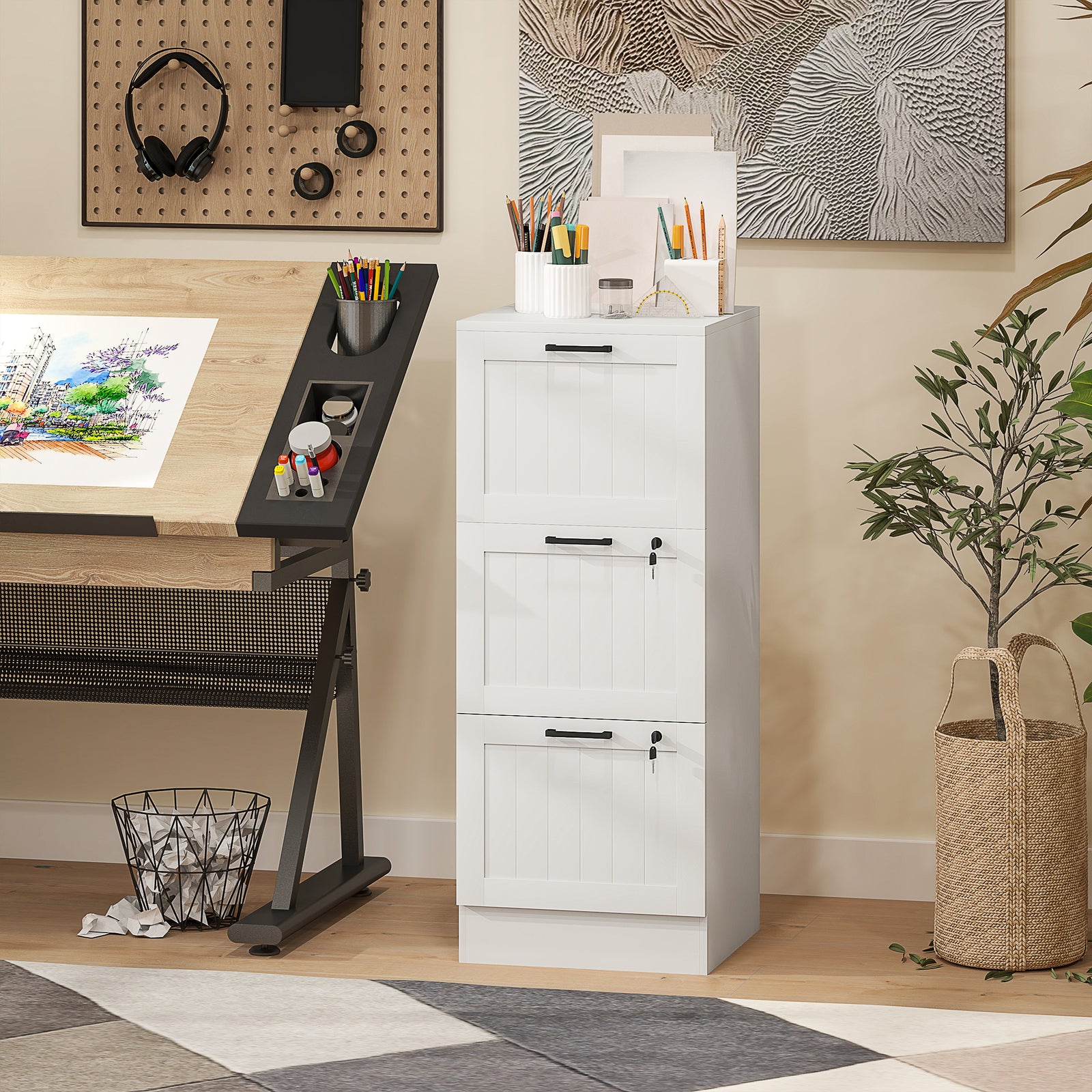 3 Drawer File Cabinet With Lock And Adjustable Hanging Bars | White