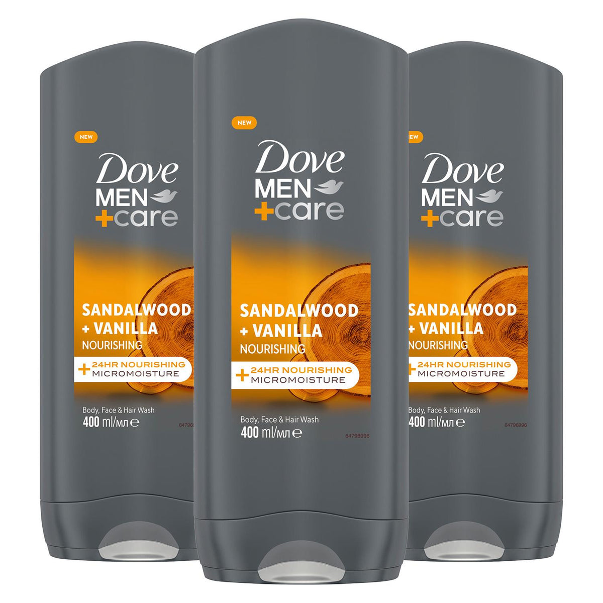 Men+care 3 In 1 Body, Face & Hair Wash Sandalwood + Vanilla 400ml, 3 Pack | Set of 3
