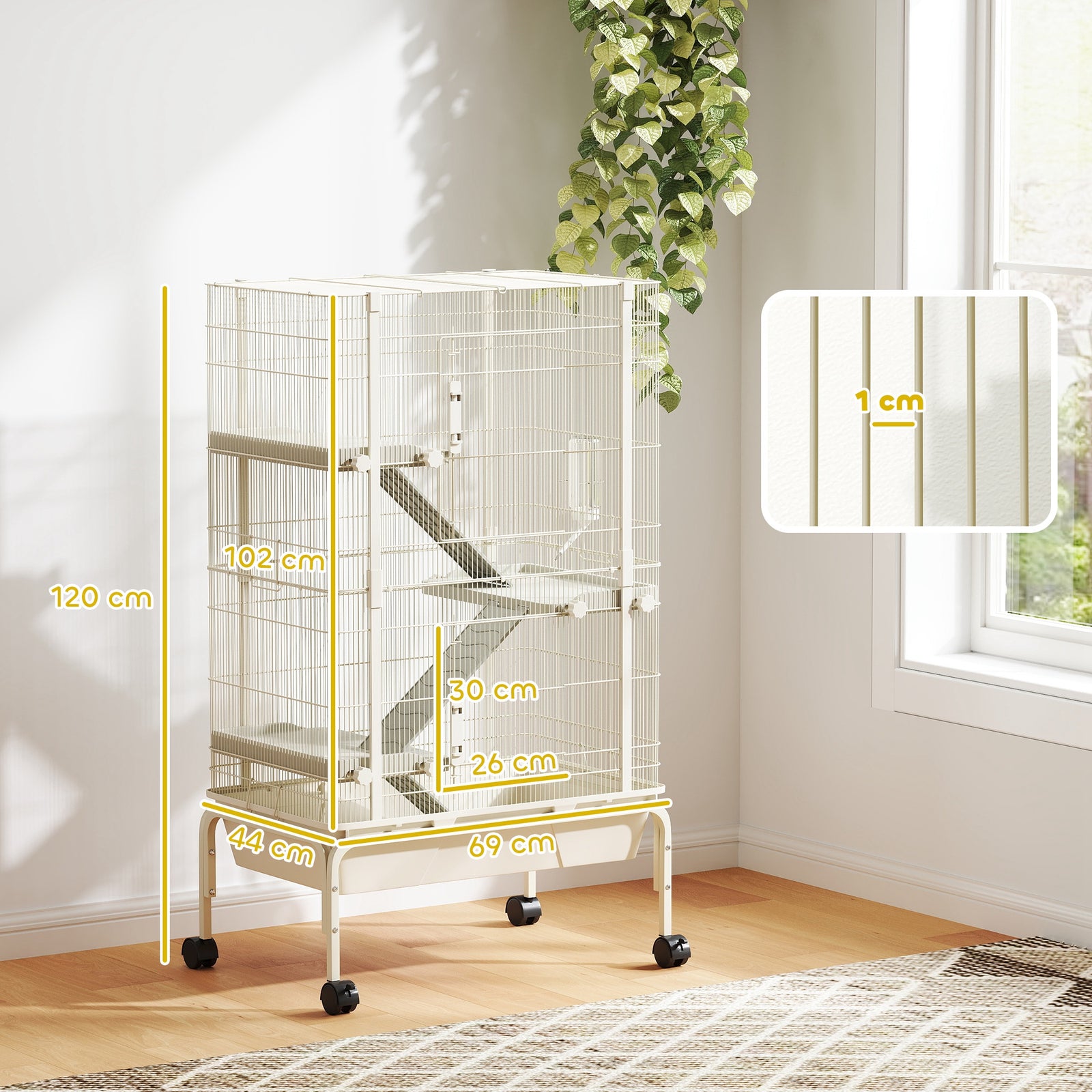 4 Levels Rolling Small Animal Cage With 3 Ramps, Water Bottle, Food Dish, Beige