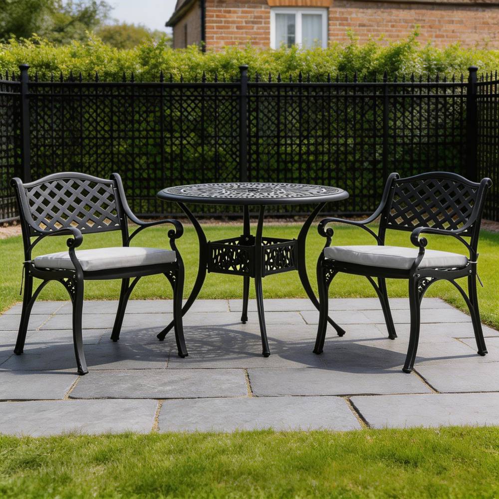 Set Of 3 Retro Garden Bistro Set Cast Aluminium With Cushions | Black