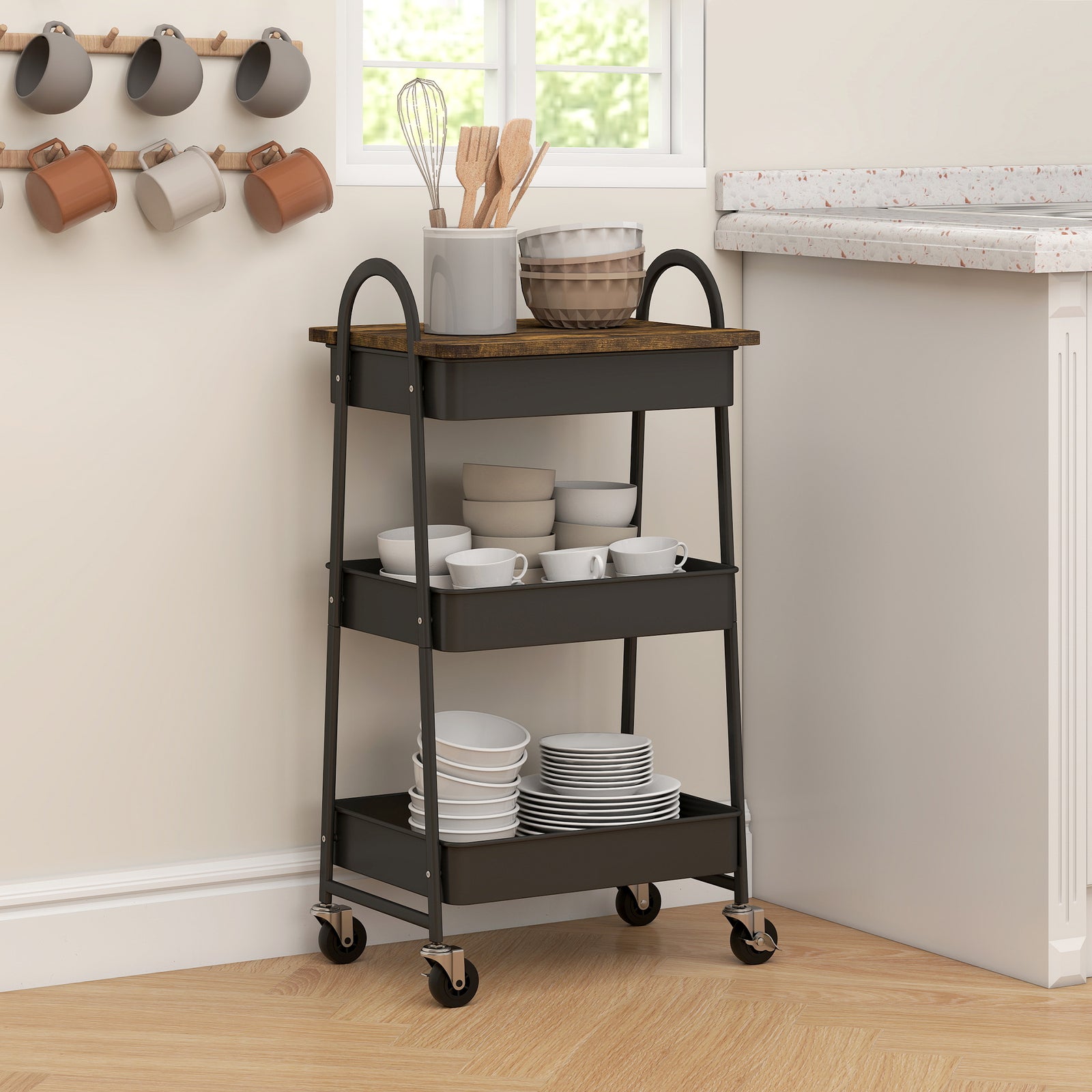 Rolling Utility Cart With Mesh Baskets For Kitchen | Black