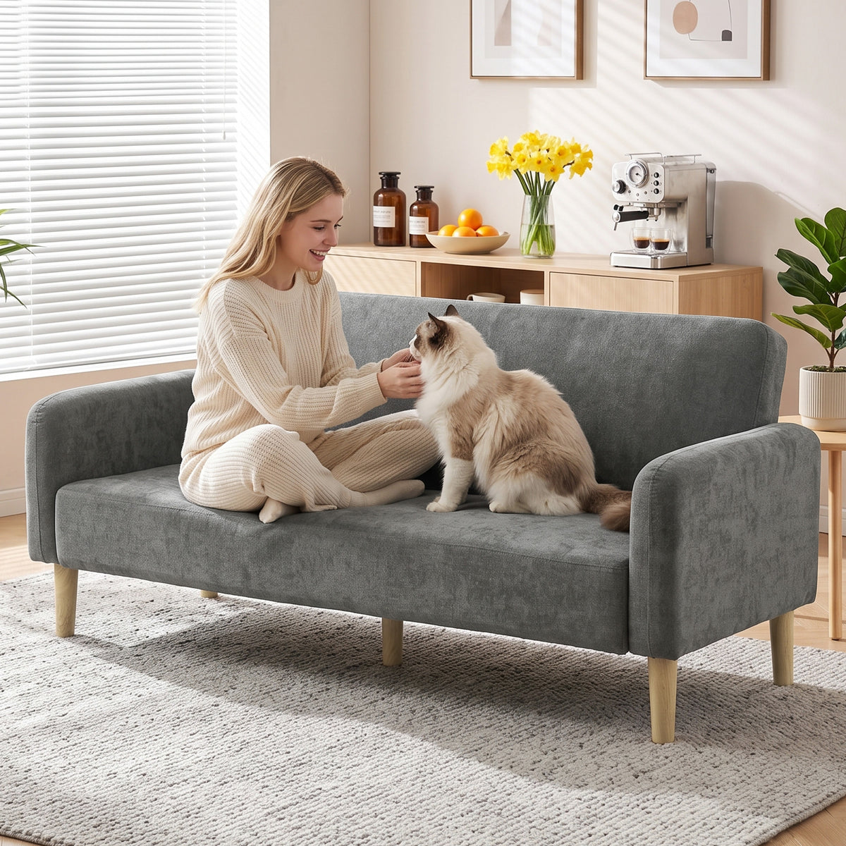 2 Seater Sofa, Velvet Small Couch With Plush Backrest | Grey