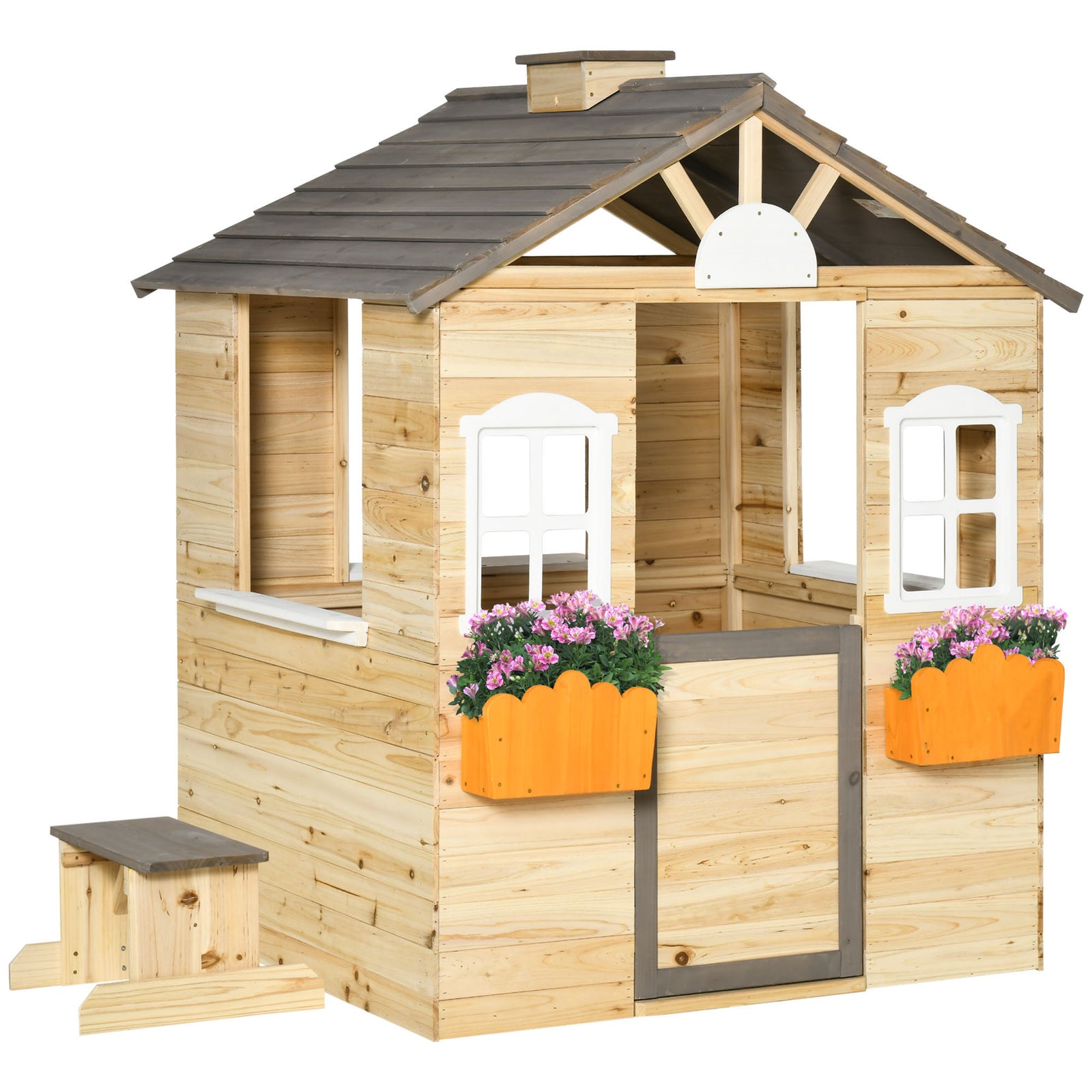 Wooden Kids Playhouse W/ Door, Windows, Bench, For Ages 3-7 Years