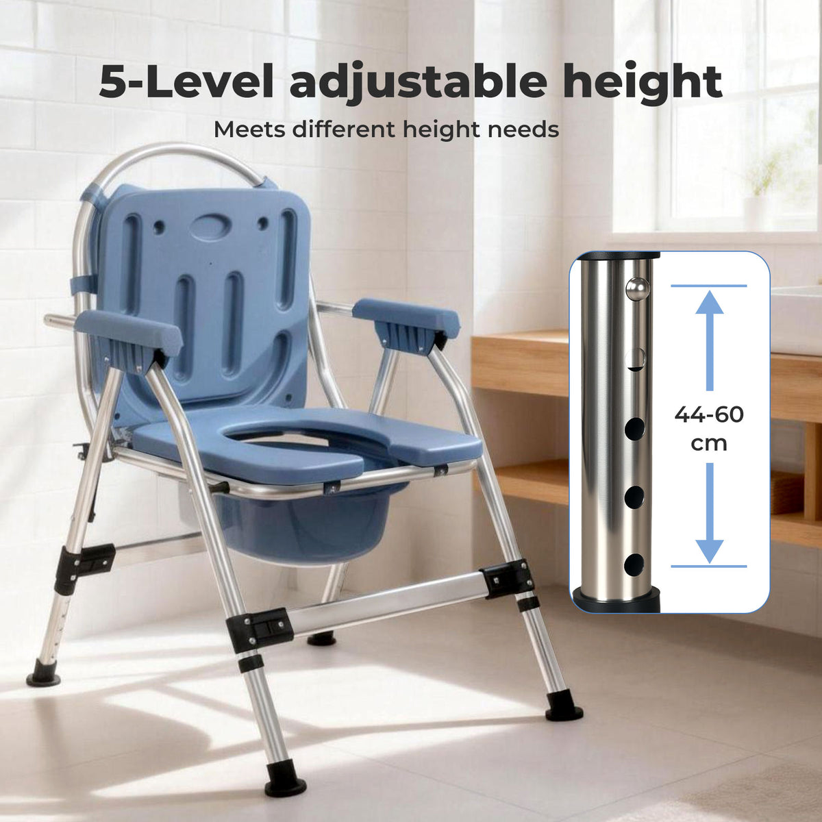 Commode Chair For Bedroom Folding Adjustable Bedside Toilet Shower Chair | Blue