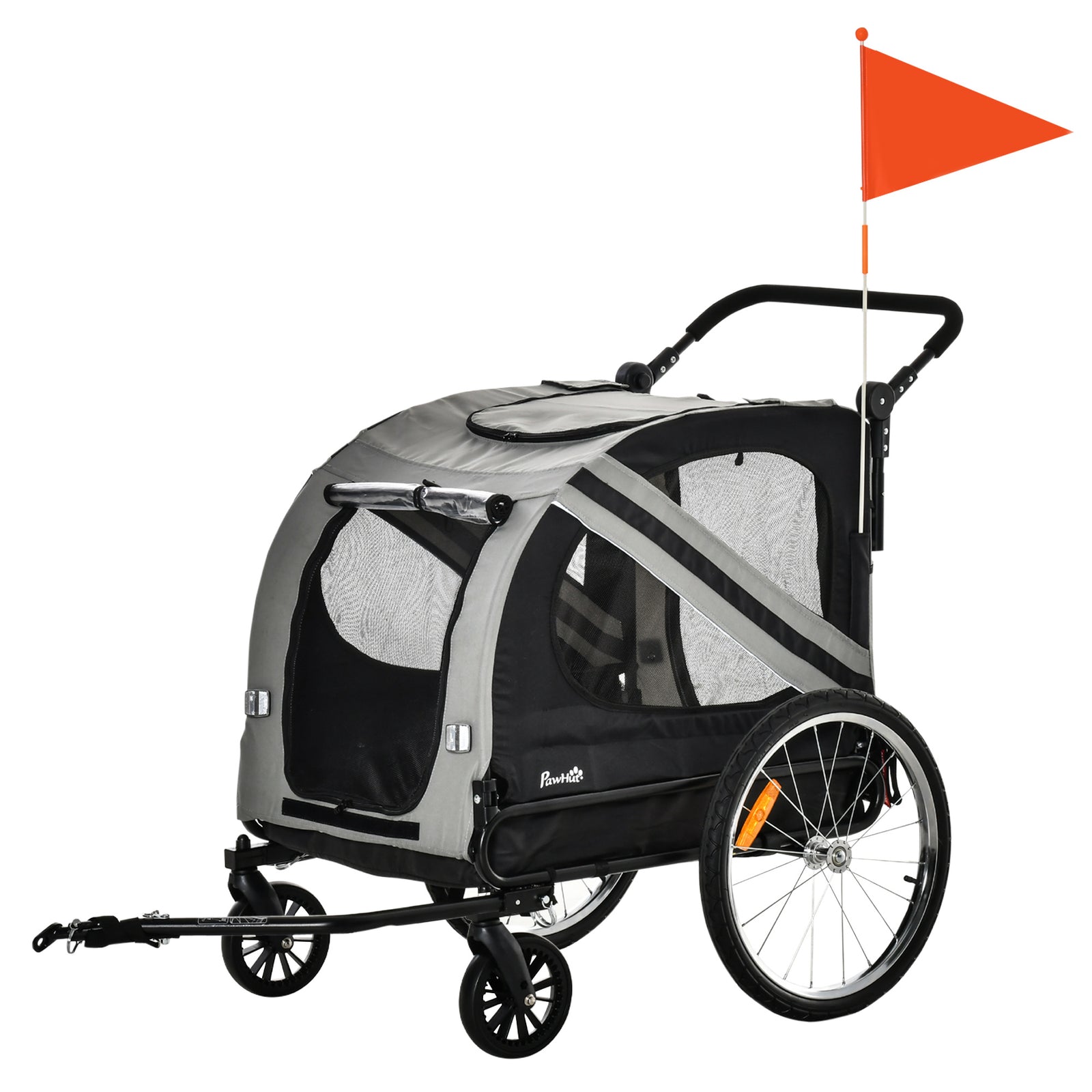 Pawhut 2-in-1 Dog Bike Trailer Stroller W/ Universal Wheel Reflector Flag | Gray