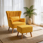 Upholstered Armchair With Footstool – Linen Fabric, Solid Wood Frame,mustard Yellow/ Teal | Mustard Yellow