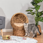 Wicker Cat House, Raised Cat Bed With Cushion, 40 X 37 X 51cm/50 X 42 X 60 Cm | Small | Brown
