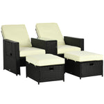 5-level Rattan Sun Lounger W/ Tea Table & Footstools | Black
