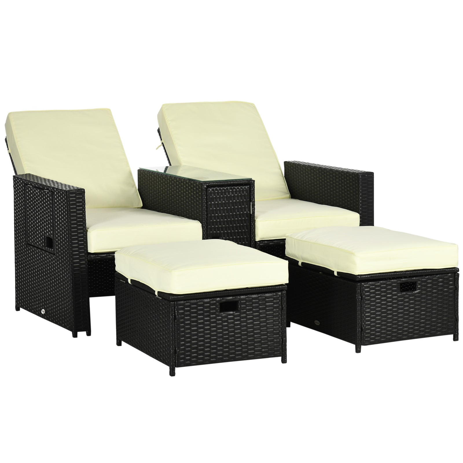 5-level Rattan Sun Lounger W/ Tea Table & Footstools | Black
