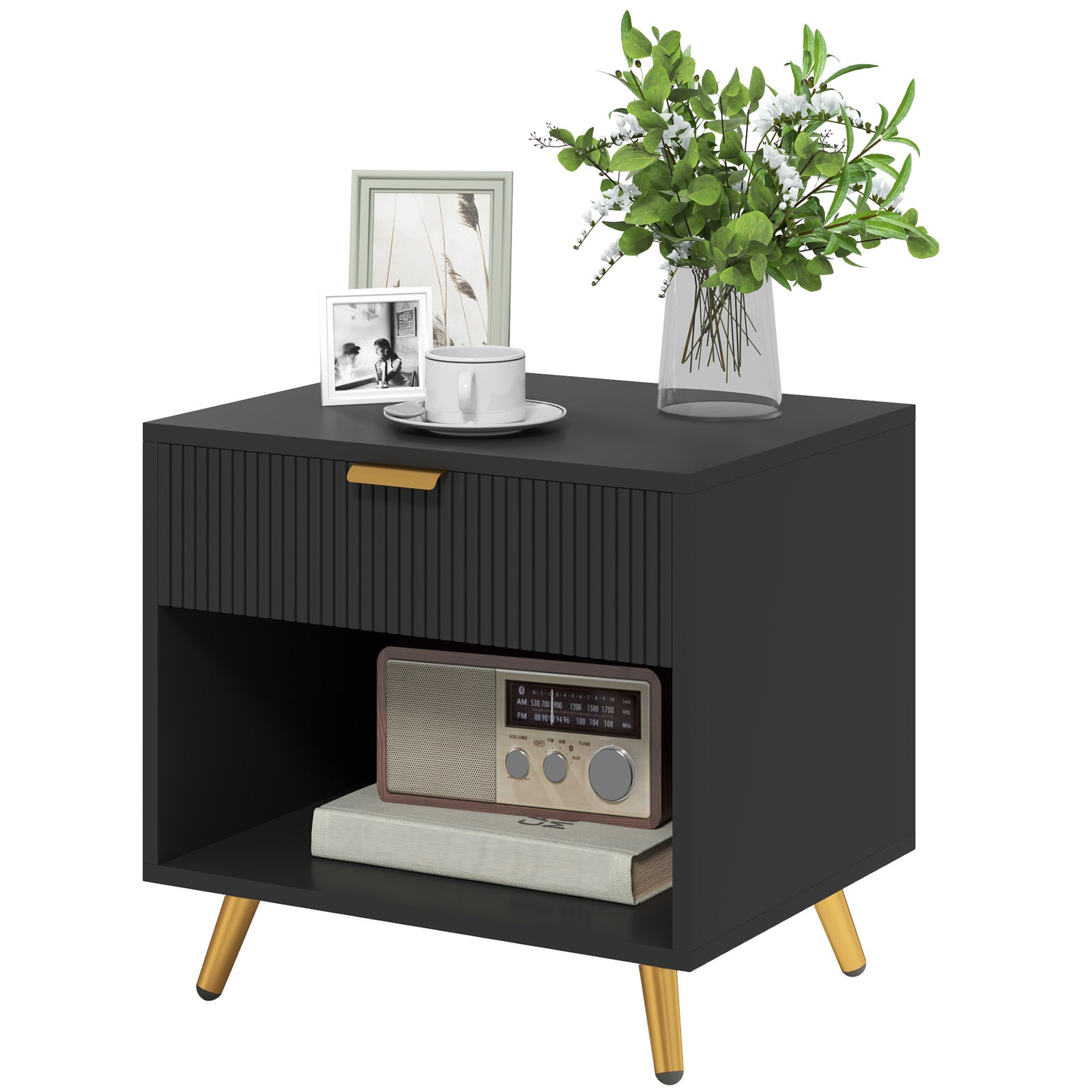 Small Table With Drawer, Open Compartment And Handle | One Size | Black