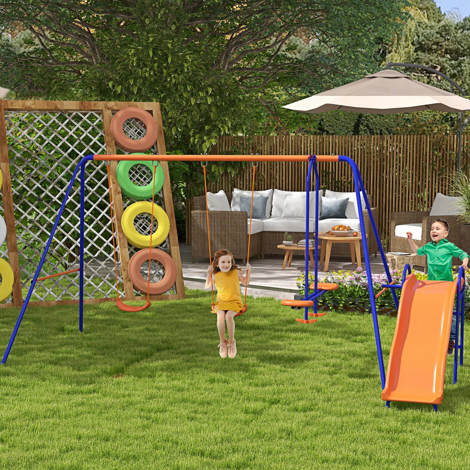 4 In 1 Metal Kids Swing Set W/ Double Swings, Glider, Slide, Ladder