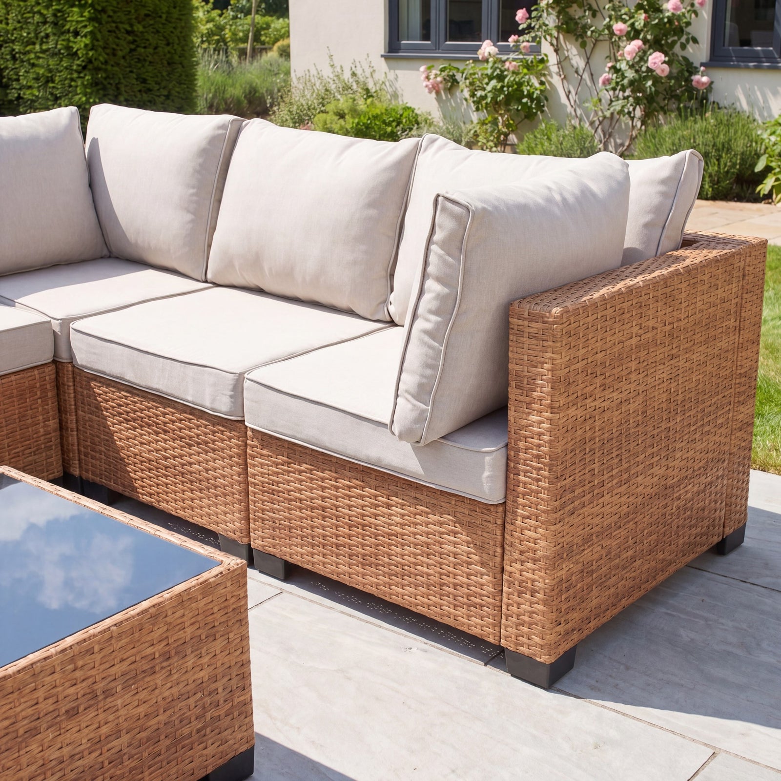 Saviano 7 Seat Modular Large L-shaped Rattan Corner Set | Cream & Brown