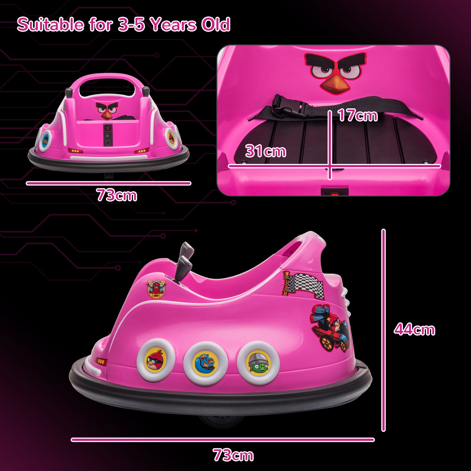 Angry Bird Licensed 12v Kids Bumper Car W/ Joysticks, Remote | Pink