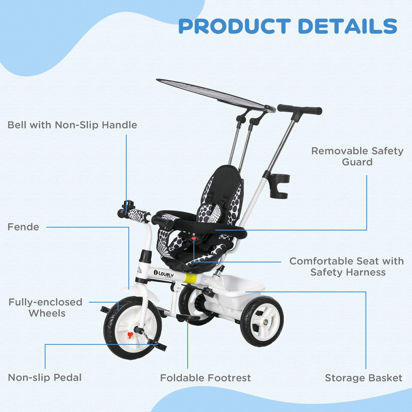 6 In 1 Kids Tricycle W/ Removable Handle For 1.5+ Year | White