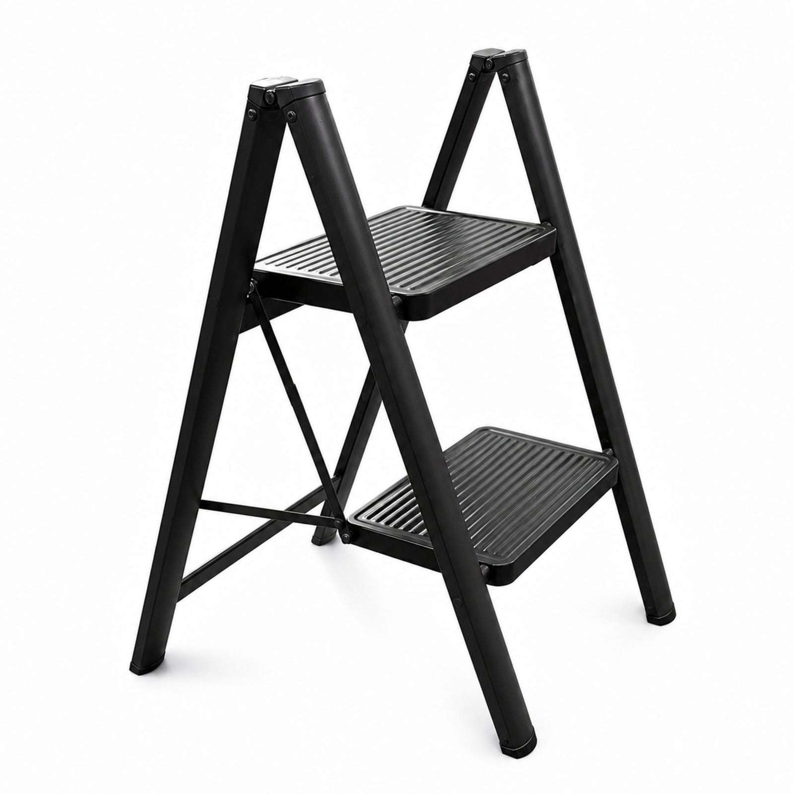 Step Ladder Compact Black, Heavy-duty Steel Folding Step Stool 150kg Capacity | 2 Step | Black