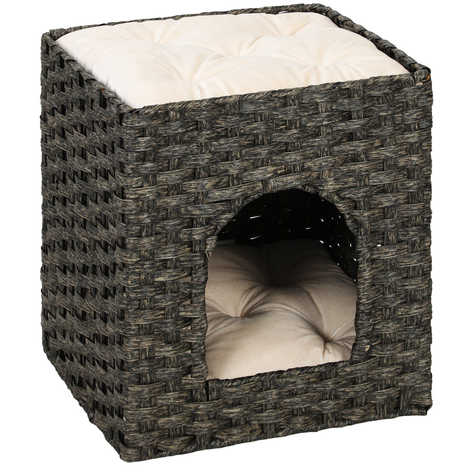 PawHut 2-tier Wicker Cat House, Rattan Cat Bed With Washable Cushions
