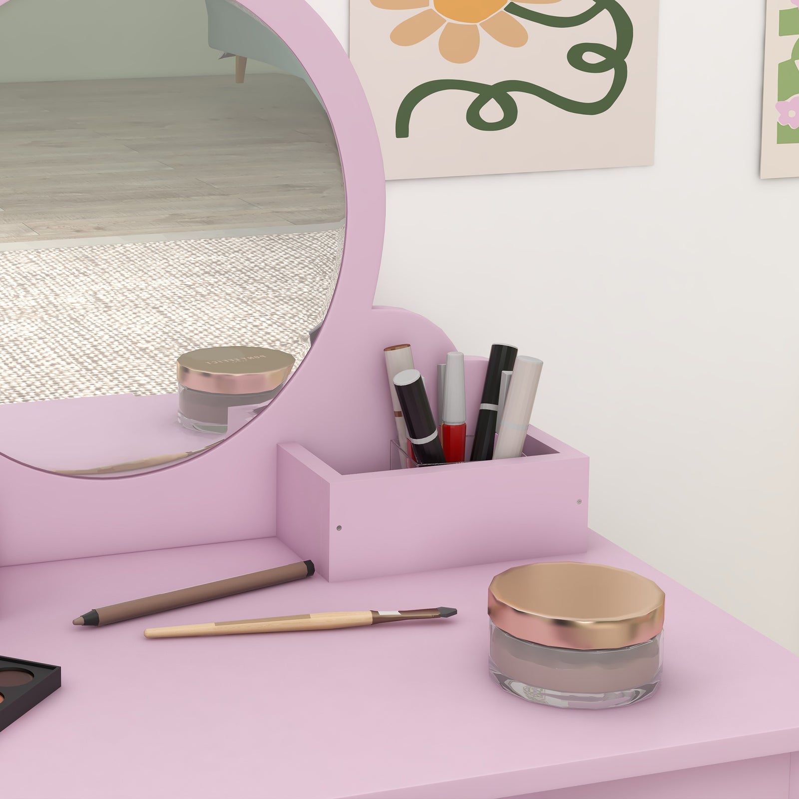 Dressing Table With Mirror And Stool, Drawer, Storage Boxes, Cat Design | Pink