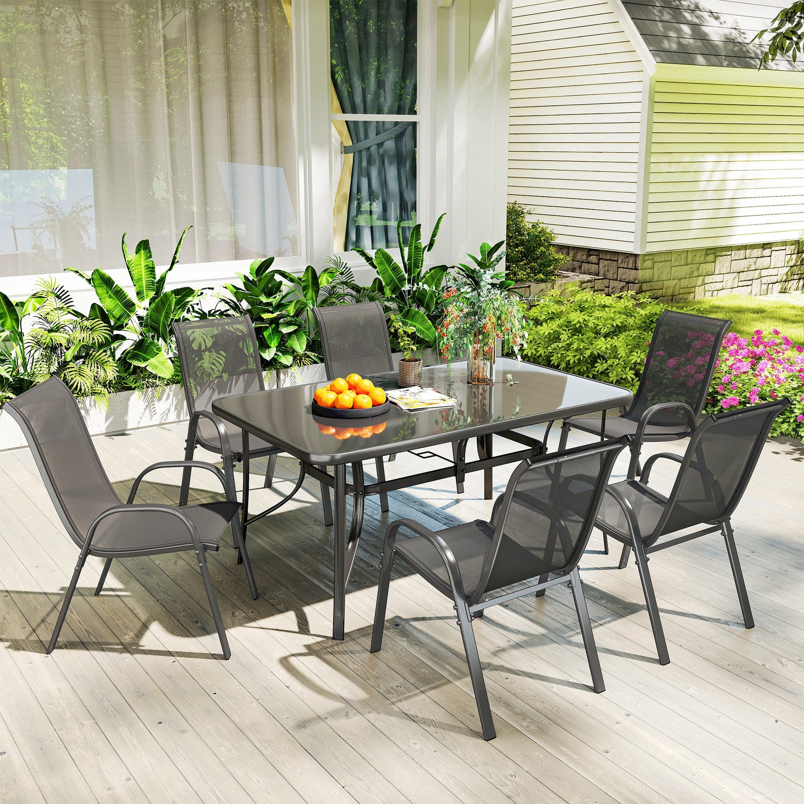 Garden Dining Set, 6 Seater W/ Parasol Hole, Charcoal