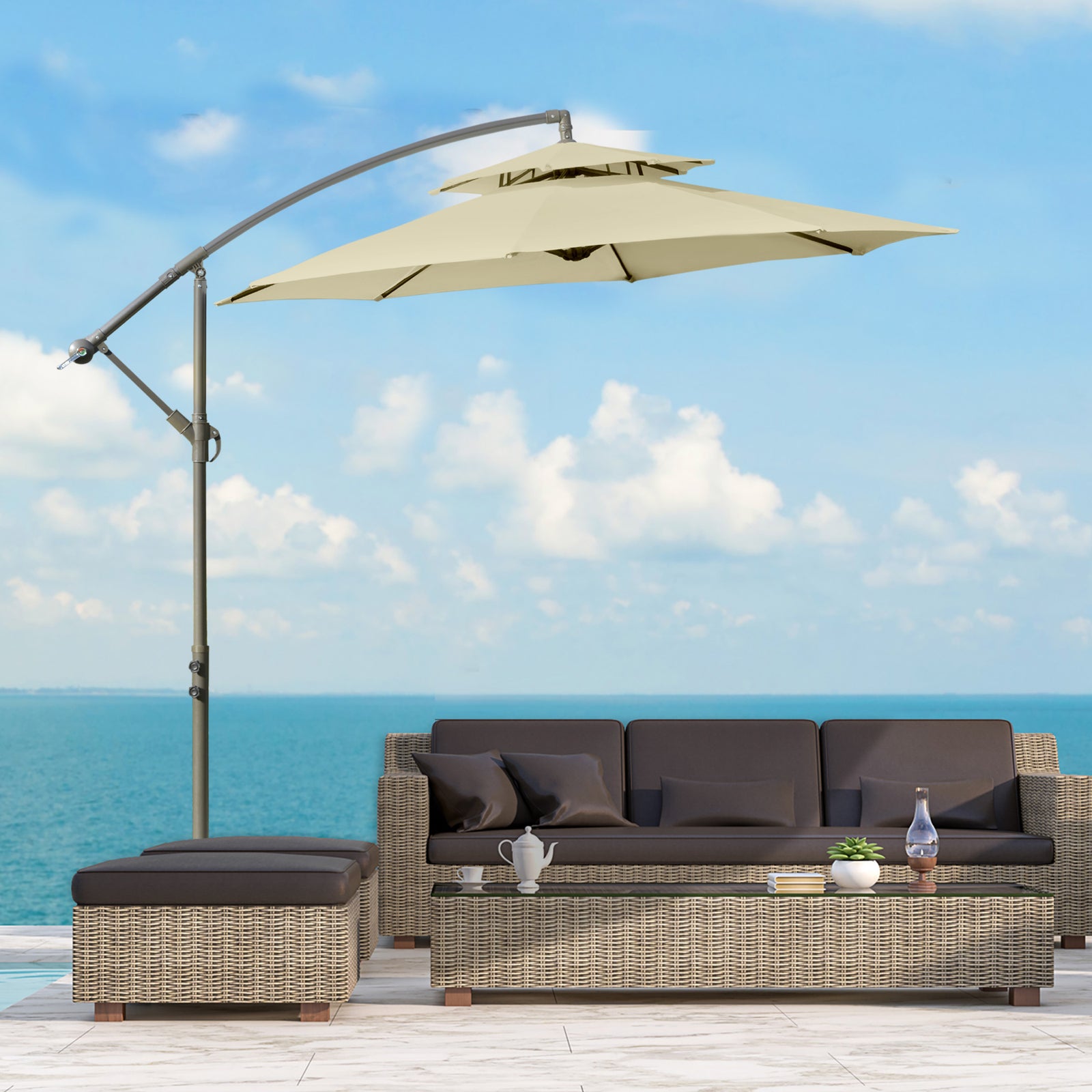 2.7m Cantilever Banana Parasol W/ Double Tier Canopy | Beige