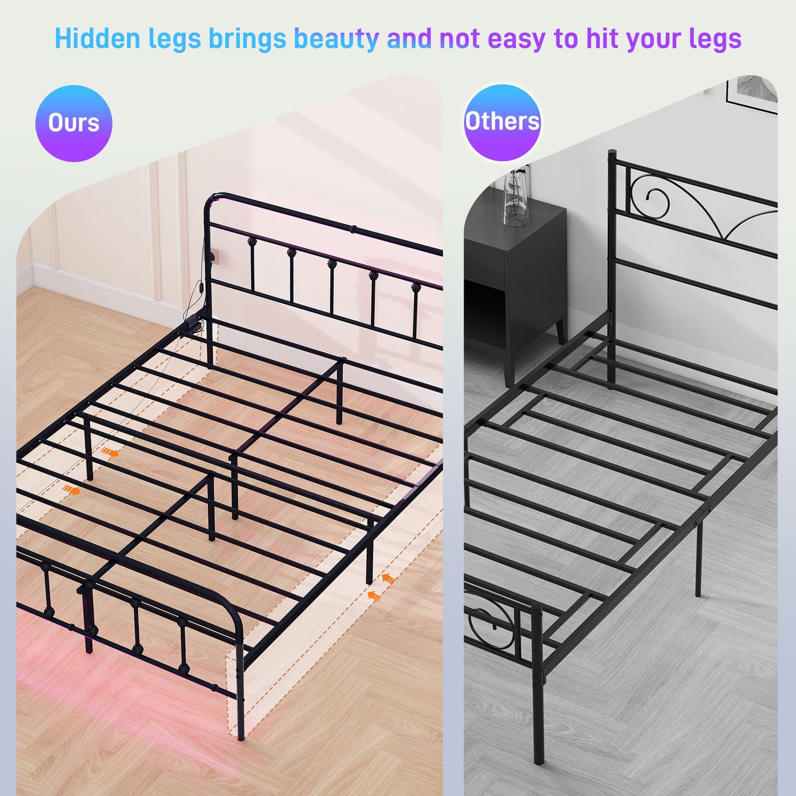 Bed Frame With Led Lights And Charging Station | Double | Black