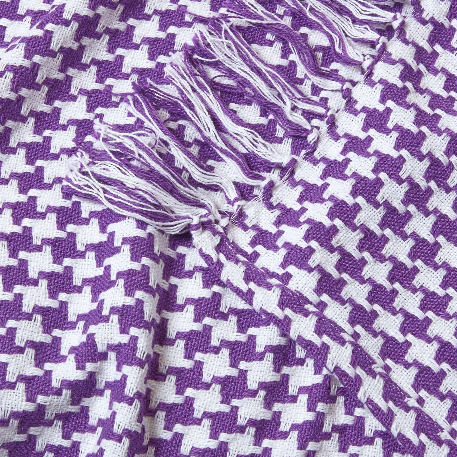 Houndstooth Design 100% Cotton Bedspread Throw | 225cm x 255cm | Purple