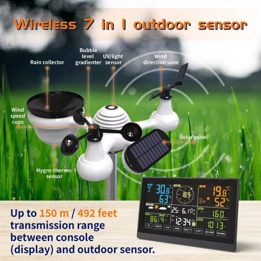 7-in-1 Wifi Weather Station With Outdoor Sensor – Lcd Colour Display, Solar Powered, Wind, Rain, Uv & Temperature Monitoring
