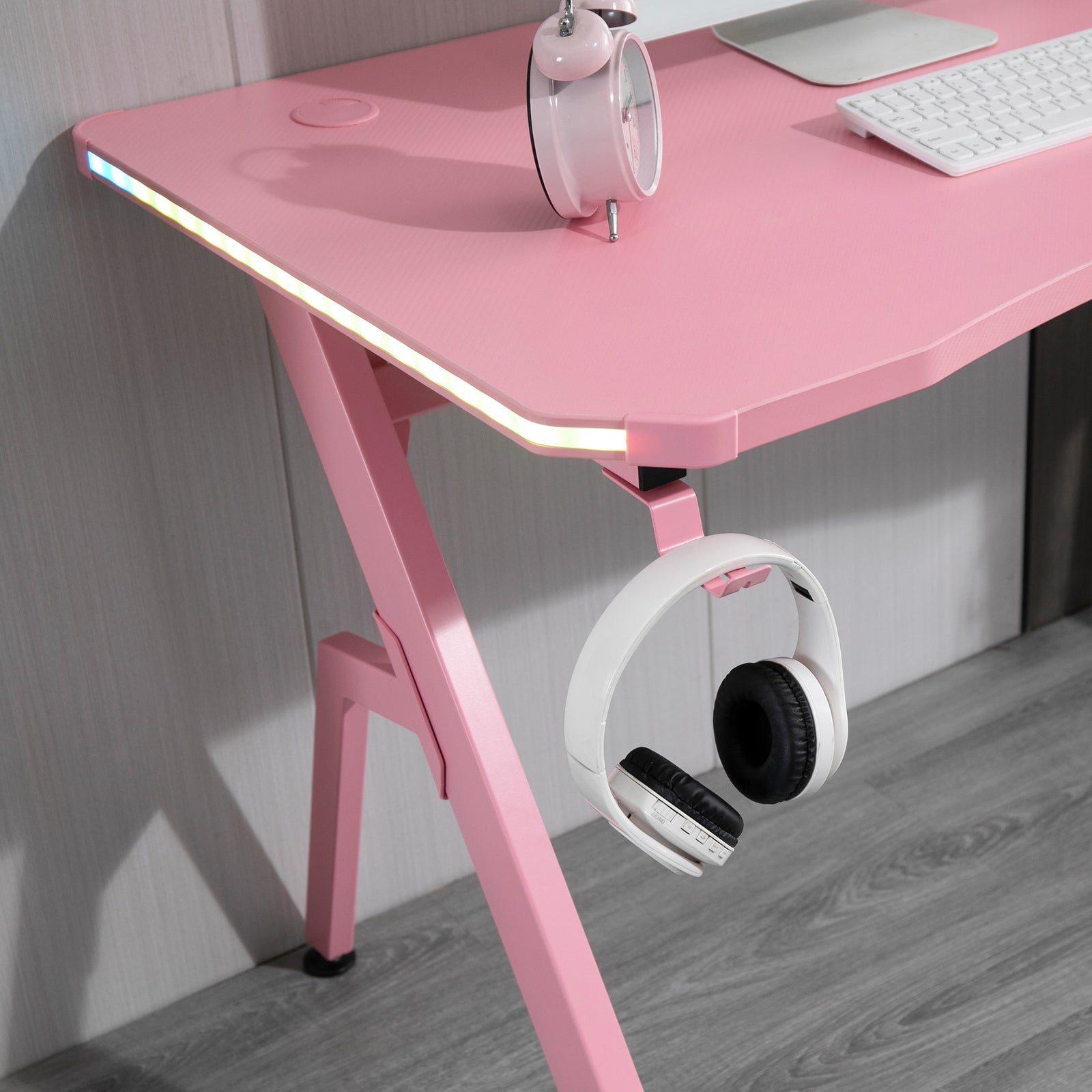 Ergonomic Gaming Desk With Hook Cup Holder Led | Pink