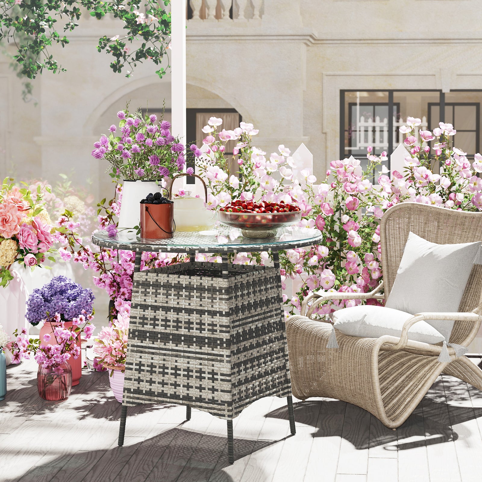 Patio Furniture Rattan Garden Table W/ Umbrella Hole | Gray