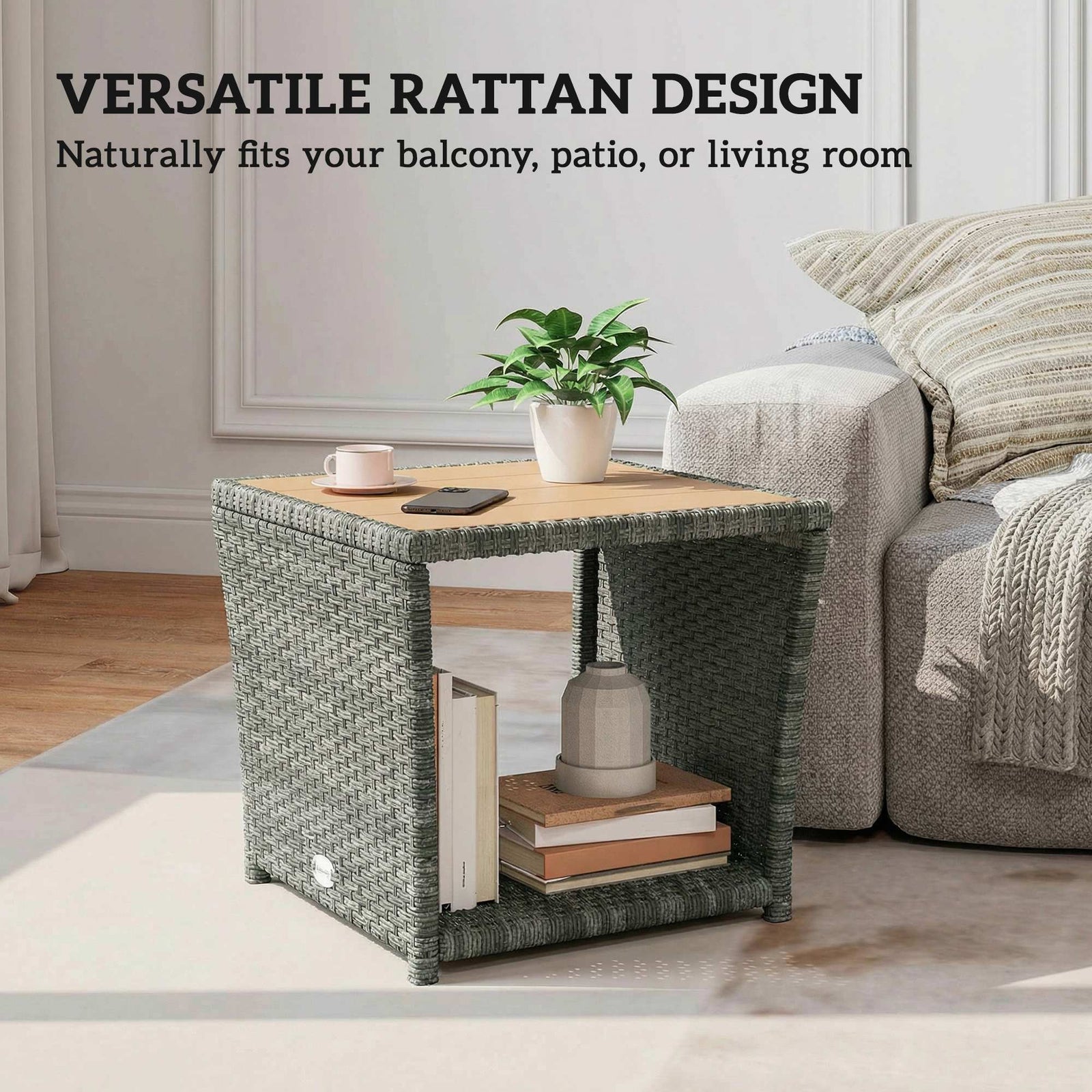 Side Table 2-tier With Storage Shelf | Light Grey