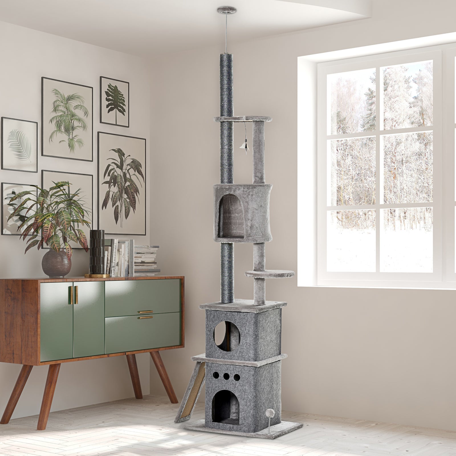 255cm Cat Tree Floor To Ceiling Kitty Activity Center With Double Condo