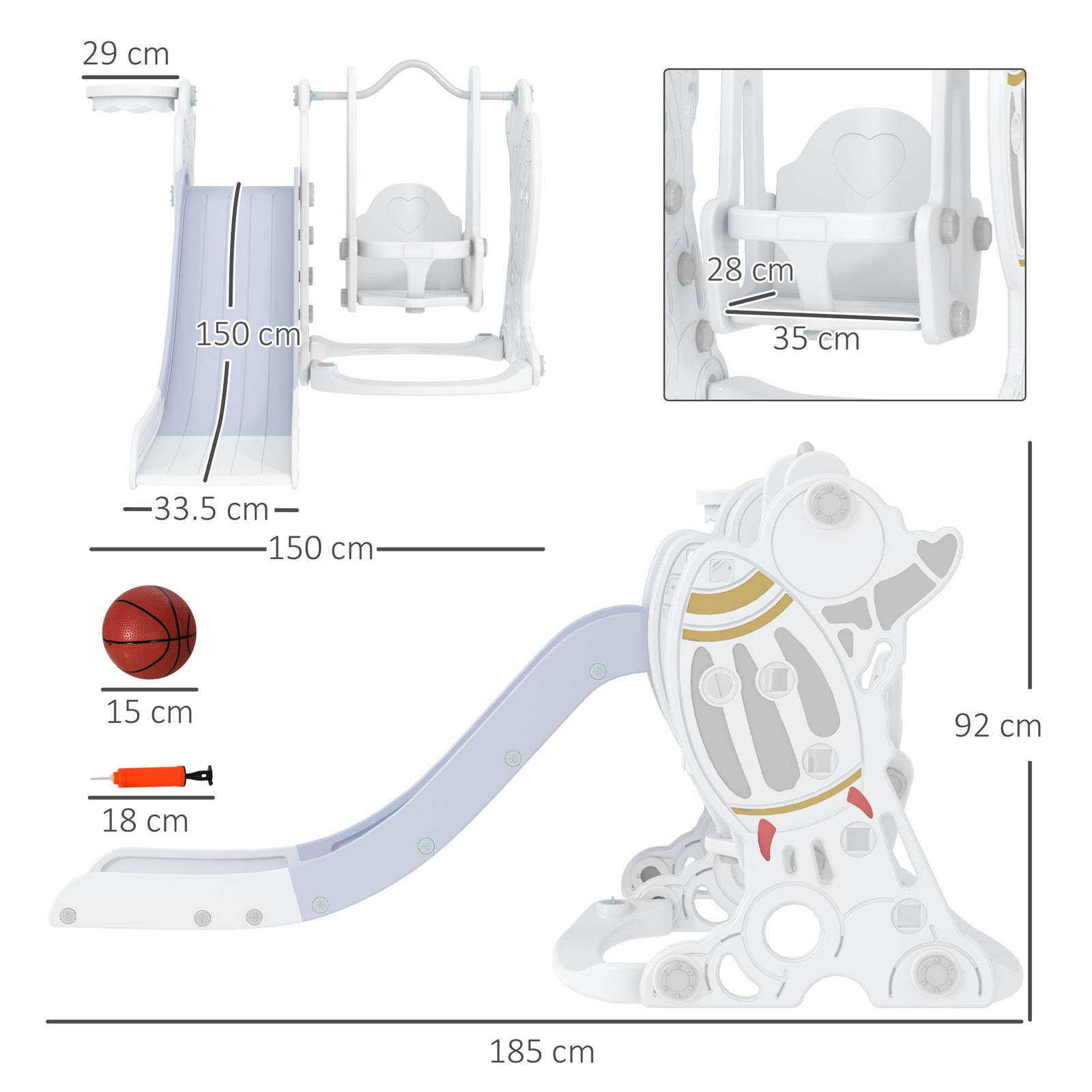 Space-themed Slide And Swing Set For Kids W/ Basketball Hoop, Blue | Gray