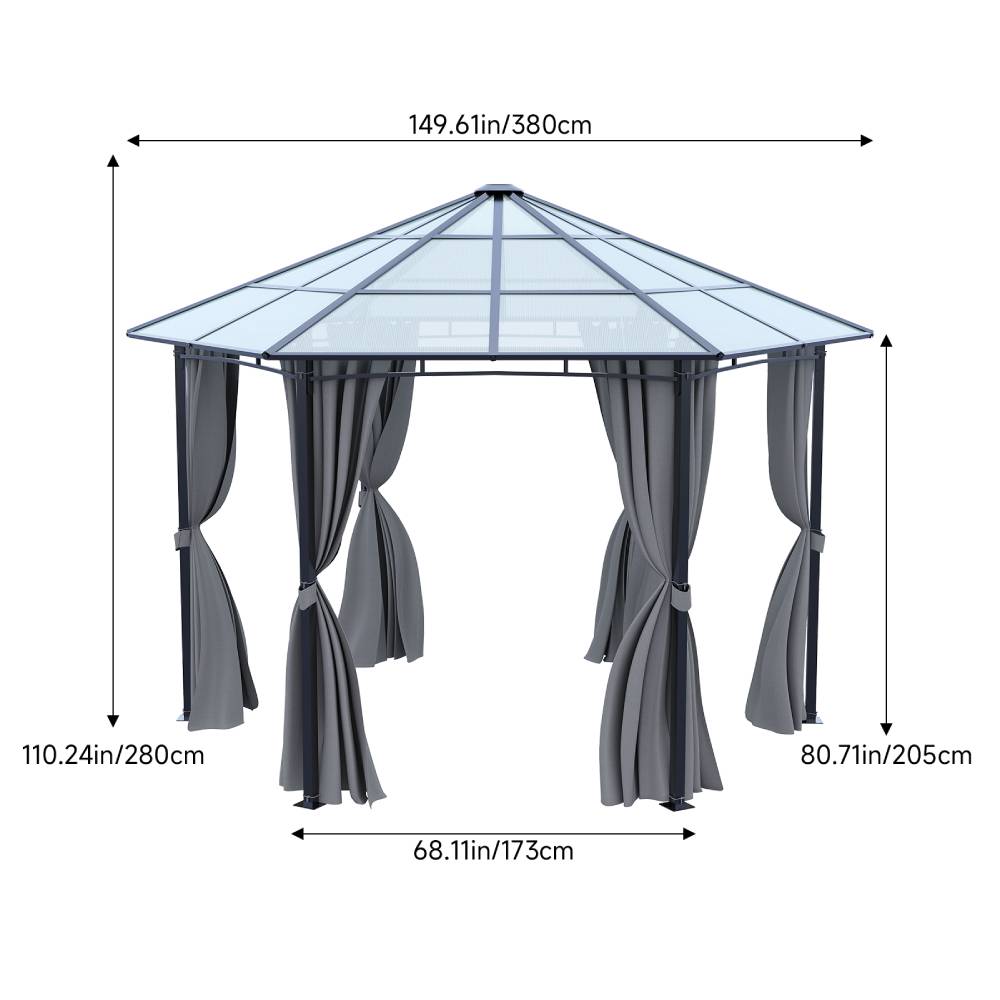 Hexagon Hardtop Gazebo With Curtains, 3.8m Outdoor Metal Frame Pavilion With Semi-transparent Pc Roof For Garden & Patio